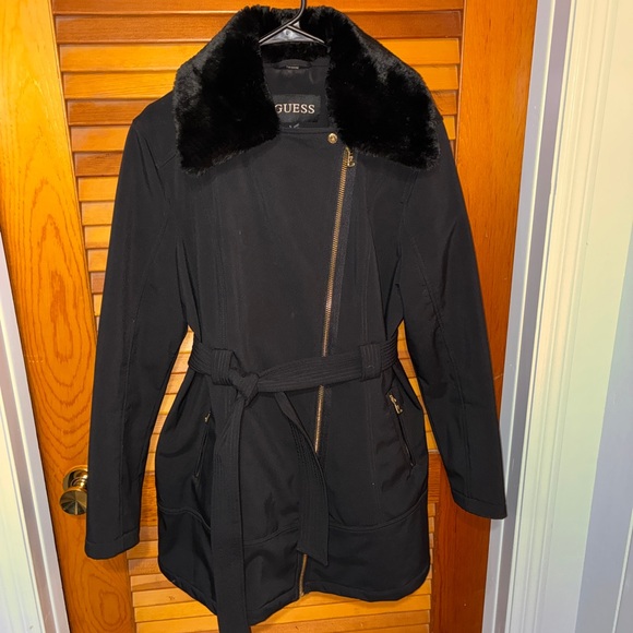 Guess Jackets & Blazers - GUESS Long Black Winter Coat – Faux Fur Collar, Belted- womens size